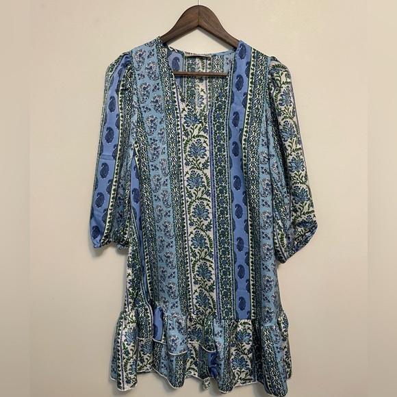 Black Tape_ Tops - Black Tape Blue, Green, White Paisley Patchwork Rufled Hem Silk Dress